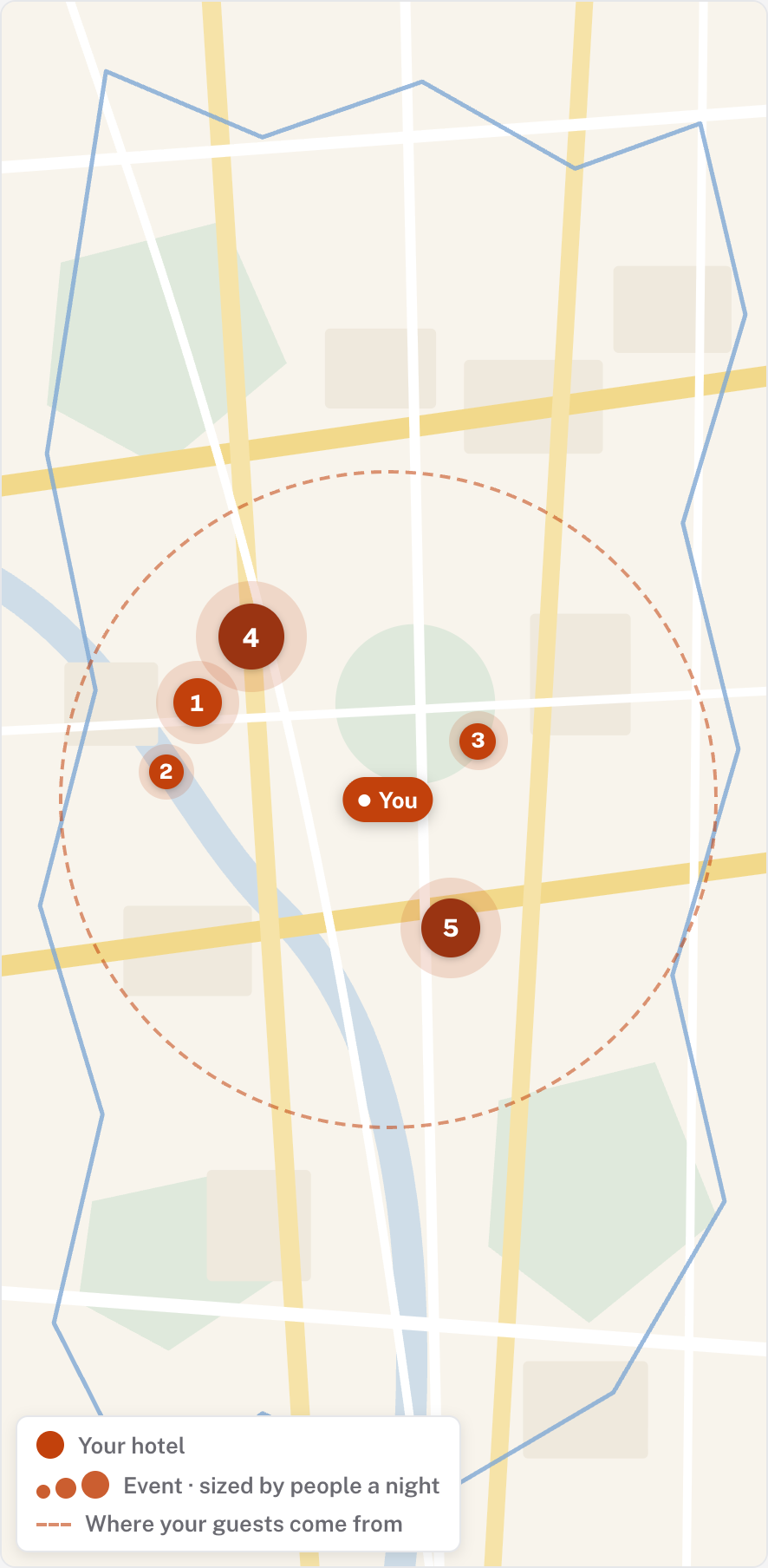 Events around your hotel β dots sized by nightly attendance